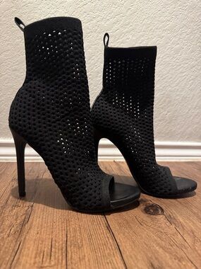 Black Open-Toe Knit Stiletto Booties